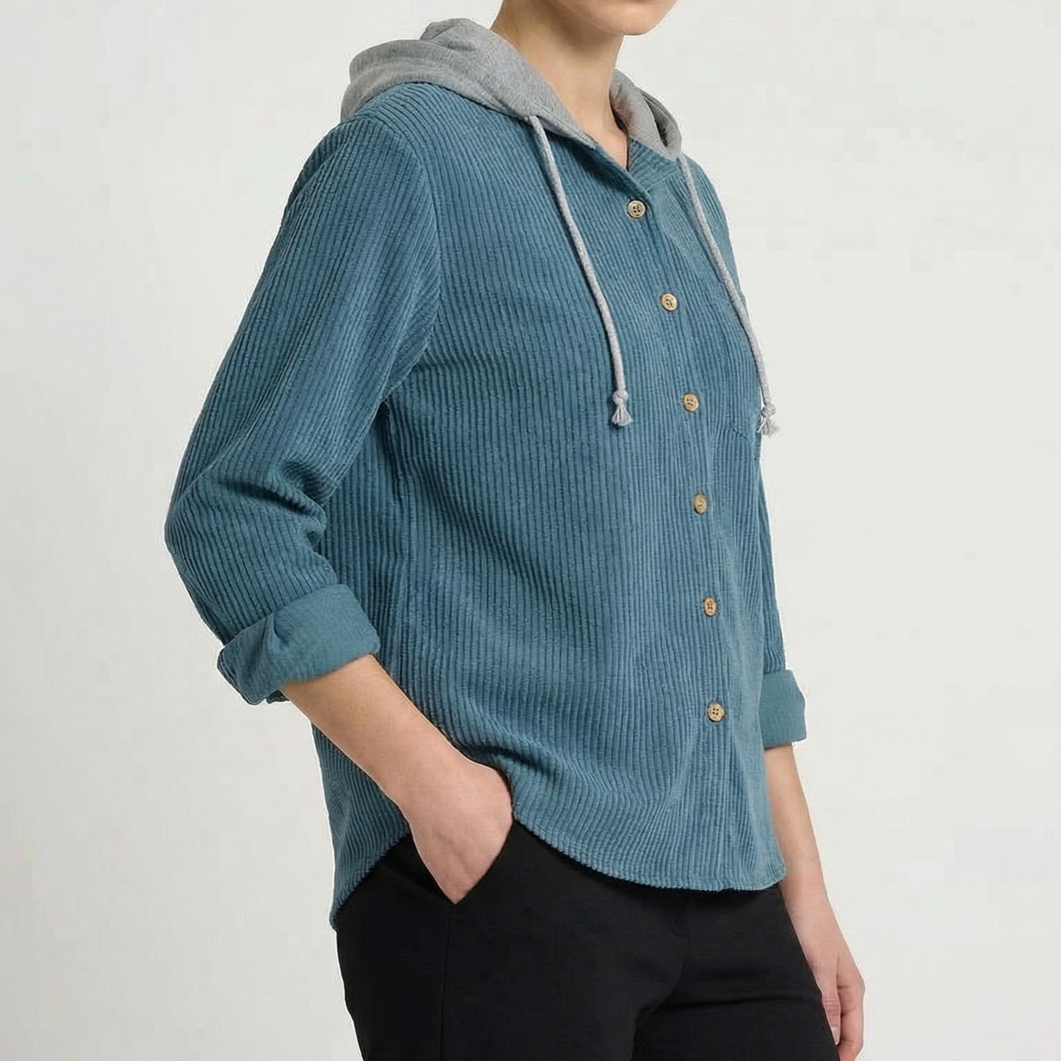 Women’s Hooded Corduroy Button-Up Jacket