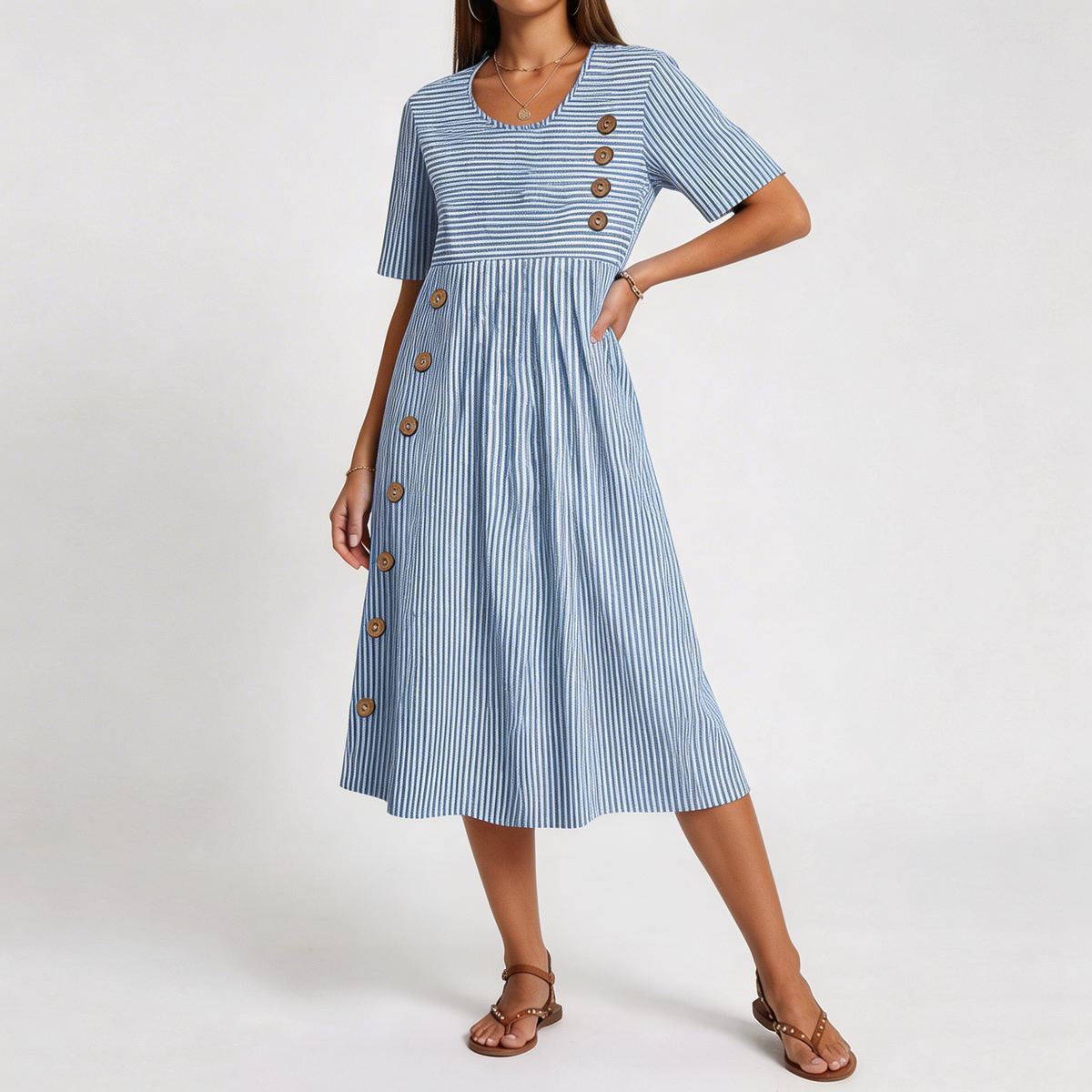 Women’s Striped Midi Dress with Button Detail