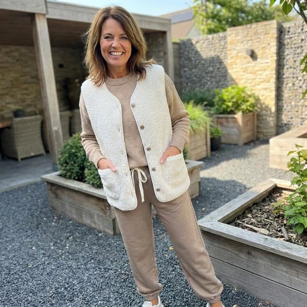 Gilet da donna in pile senza maniche con abbottonatura frontale, ideale per vestirsi a strati