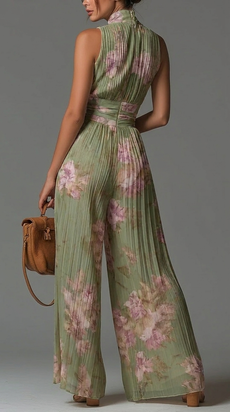 Women's Floral Pleated Halter Neck Wide-Leg Jumpsuit