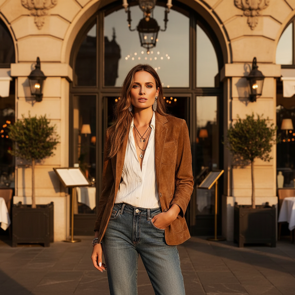 Blazer vintage de ante sintético para mujer con cierre frontal de botones