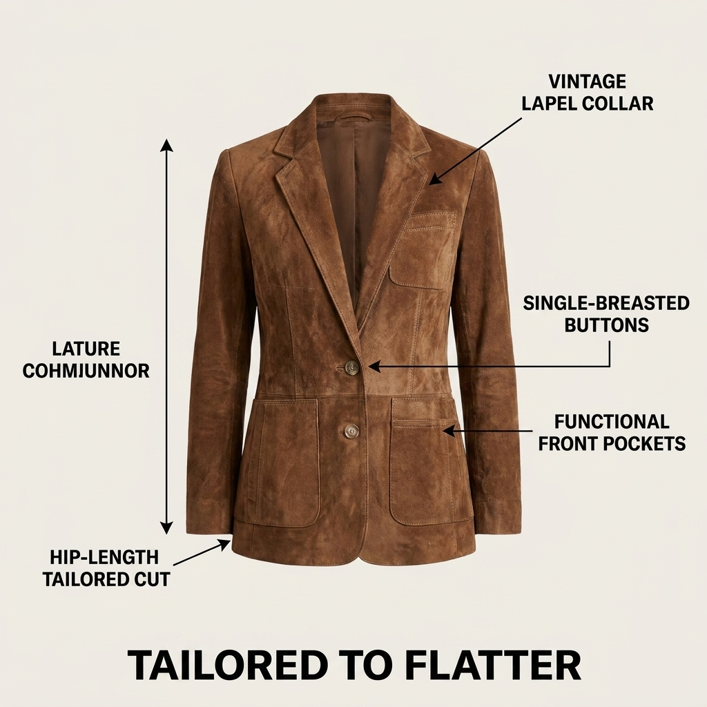 Blazer vintage de ante sintético para mujer con cierre frontal de botones