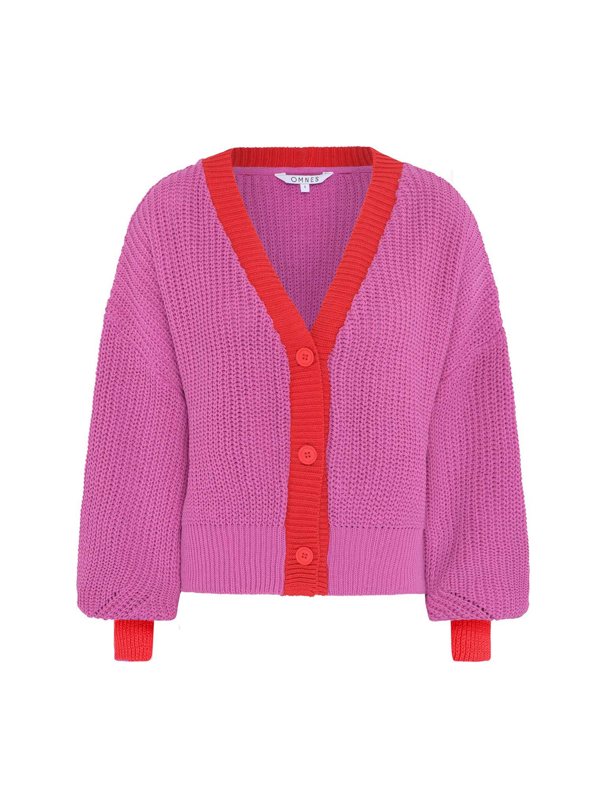 Cárdigan de punto grueso para mujer con ribete en contraste rojo