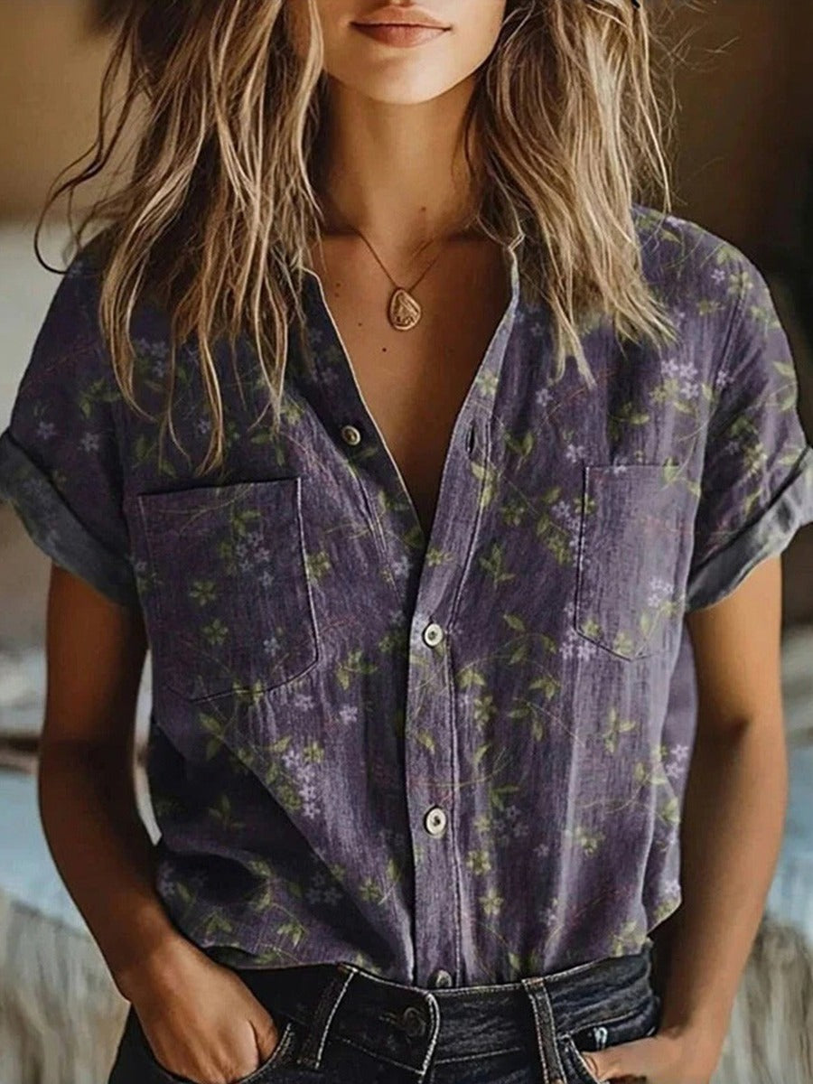 Blouse Vintage à Manches Courtes avec Revers Florale pour Femme
