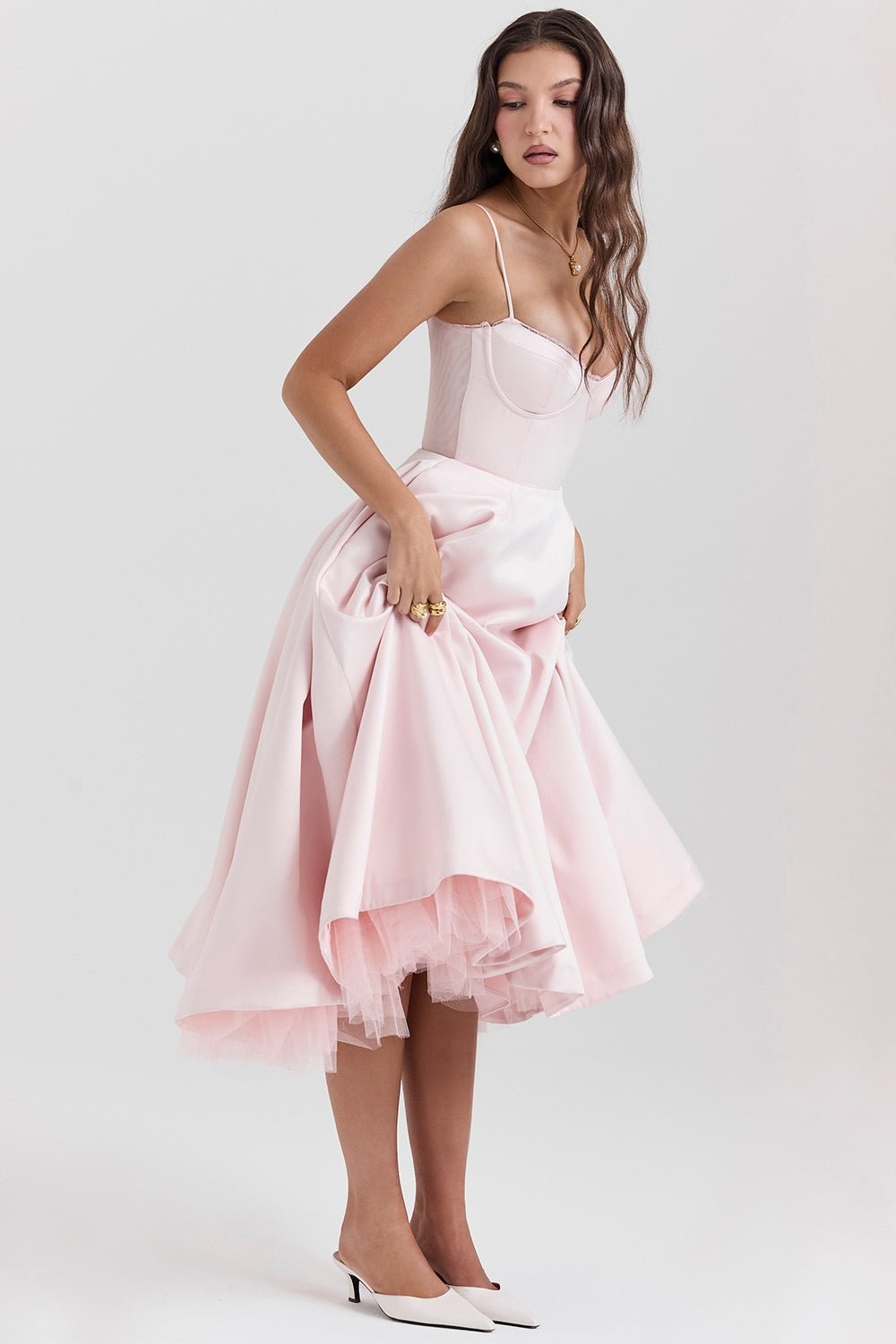 Women's Satin Tulle Midi Dress with Pockets