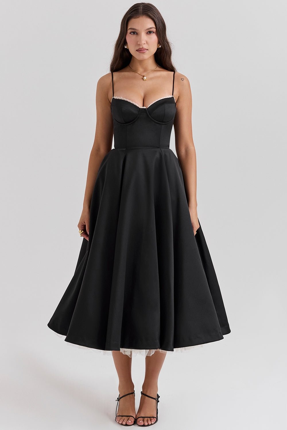Women's Satin Tulle Midi Dress with Pockets