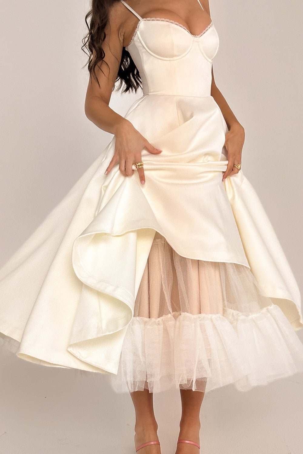 Women's Satin Tulle Midi Dress with Pockets