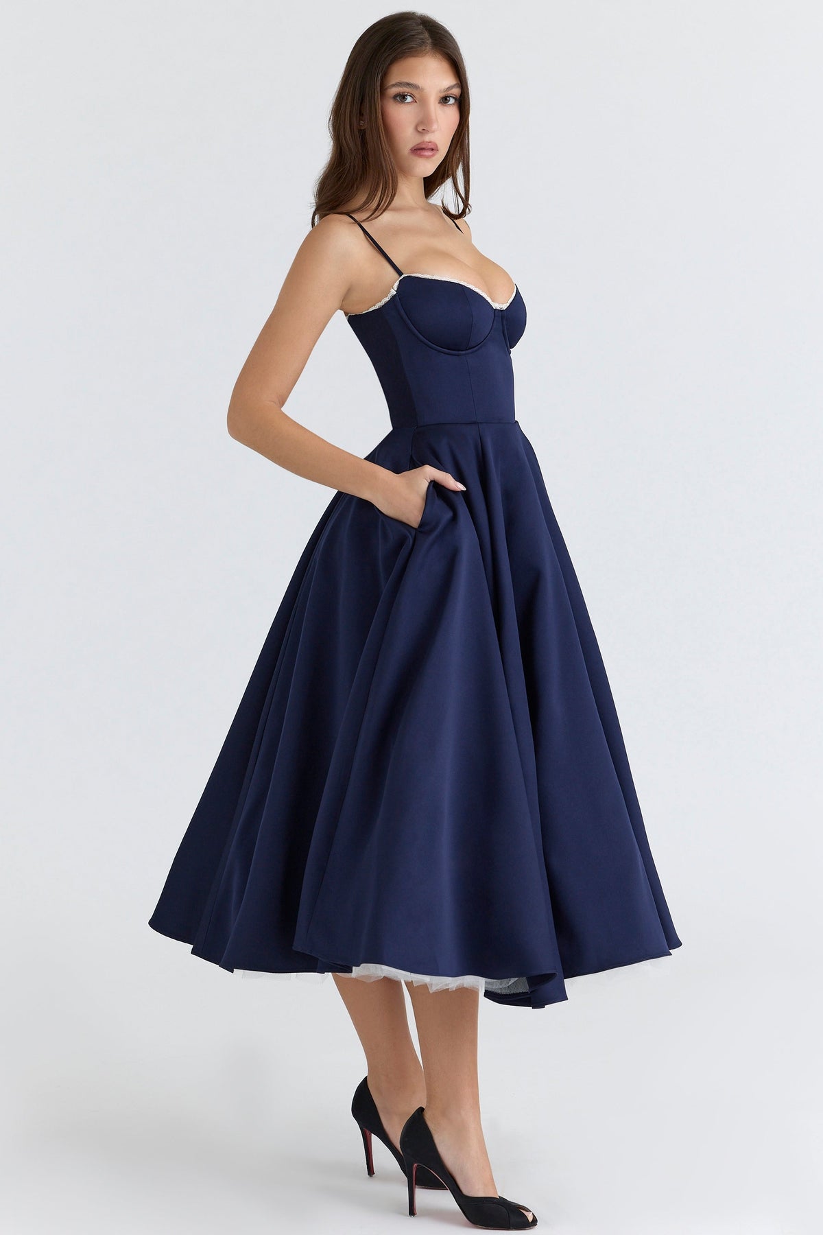 Women's Satin Tulle Midi Dress with Pockets