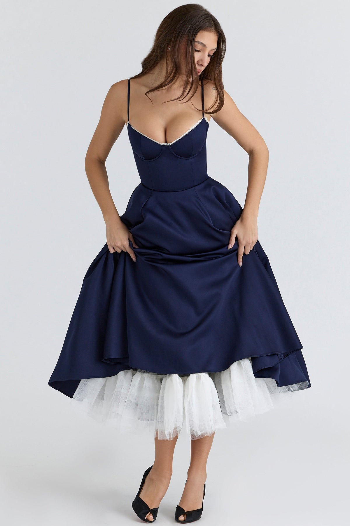 Women's Satin Tulle Midi Dress with Pockets
