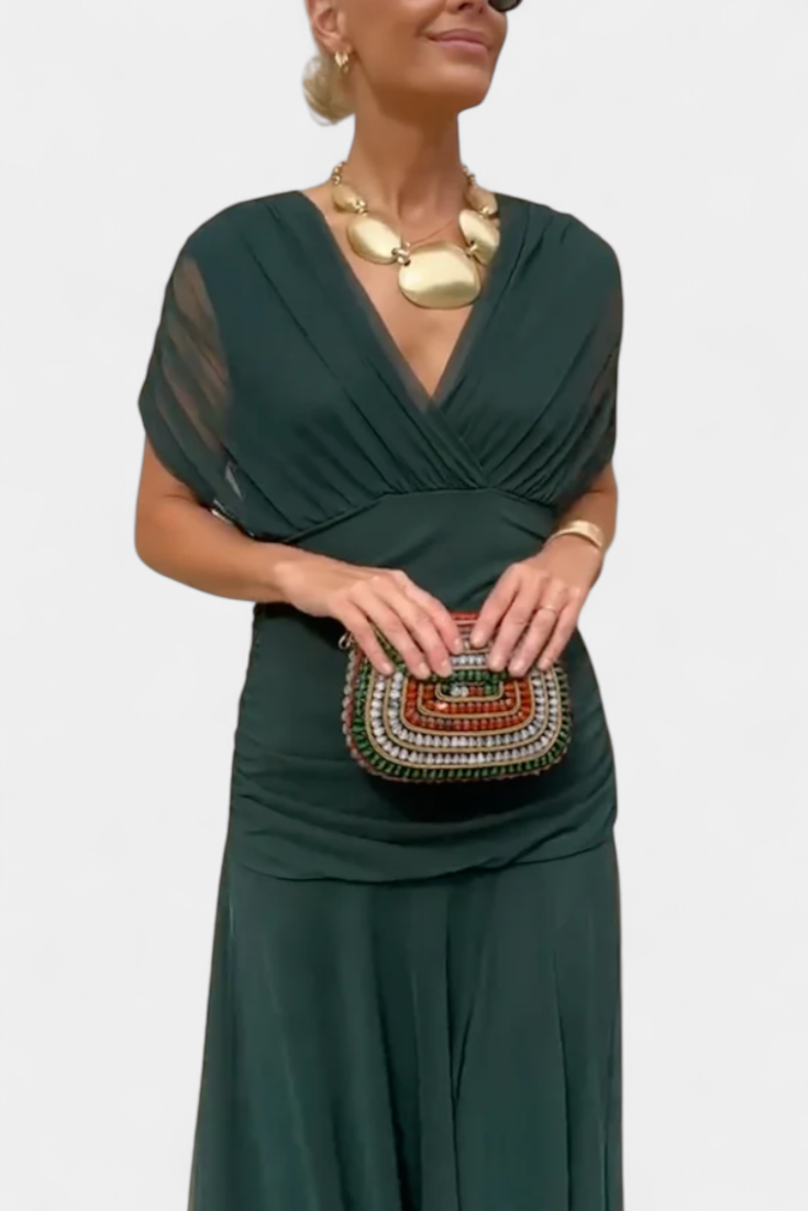 Women's Maxi Dress with V-Neck and Ruched Waist