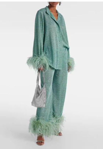Conjunto de dos piezas para mujer con ribete de plumas y pantalones anchos de pierna relajada