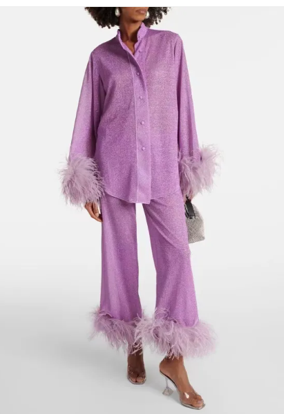 Conjunto de dos piezas para mujer con ribete de plumas y pantalones anchos de pierna relajada
