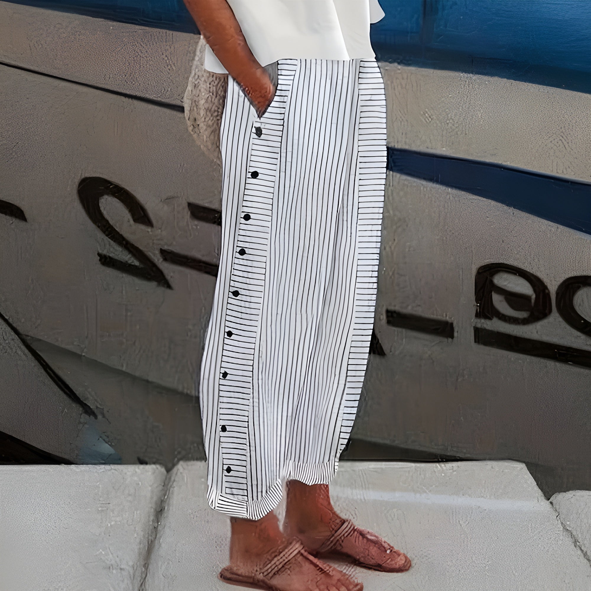 Pantalon à rayures coupe décontractée avec poches, longueur cheville