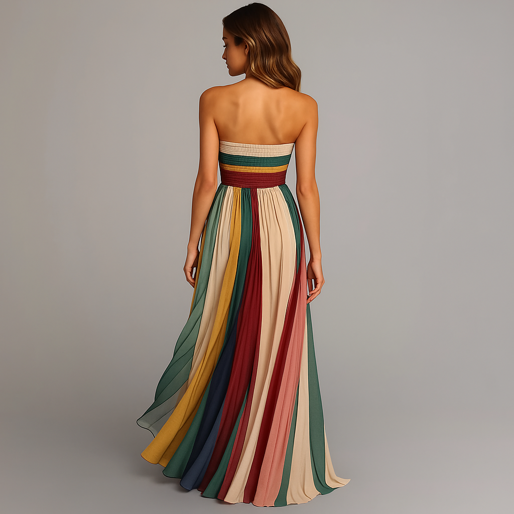 Robe longue plissée bohème multicolore sans bretelles