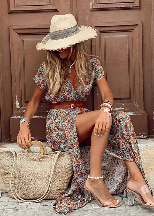 Women's Bohemian Floral Maxi Dress with Side Slit