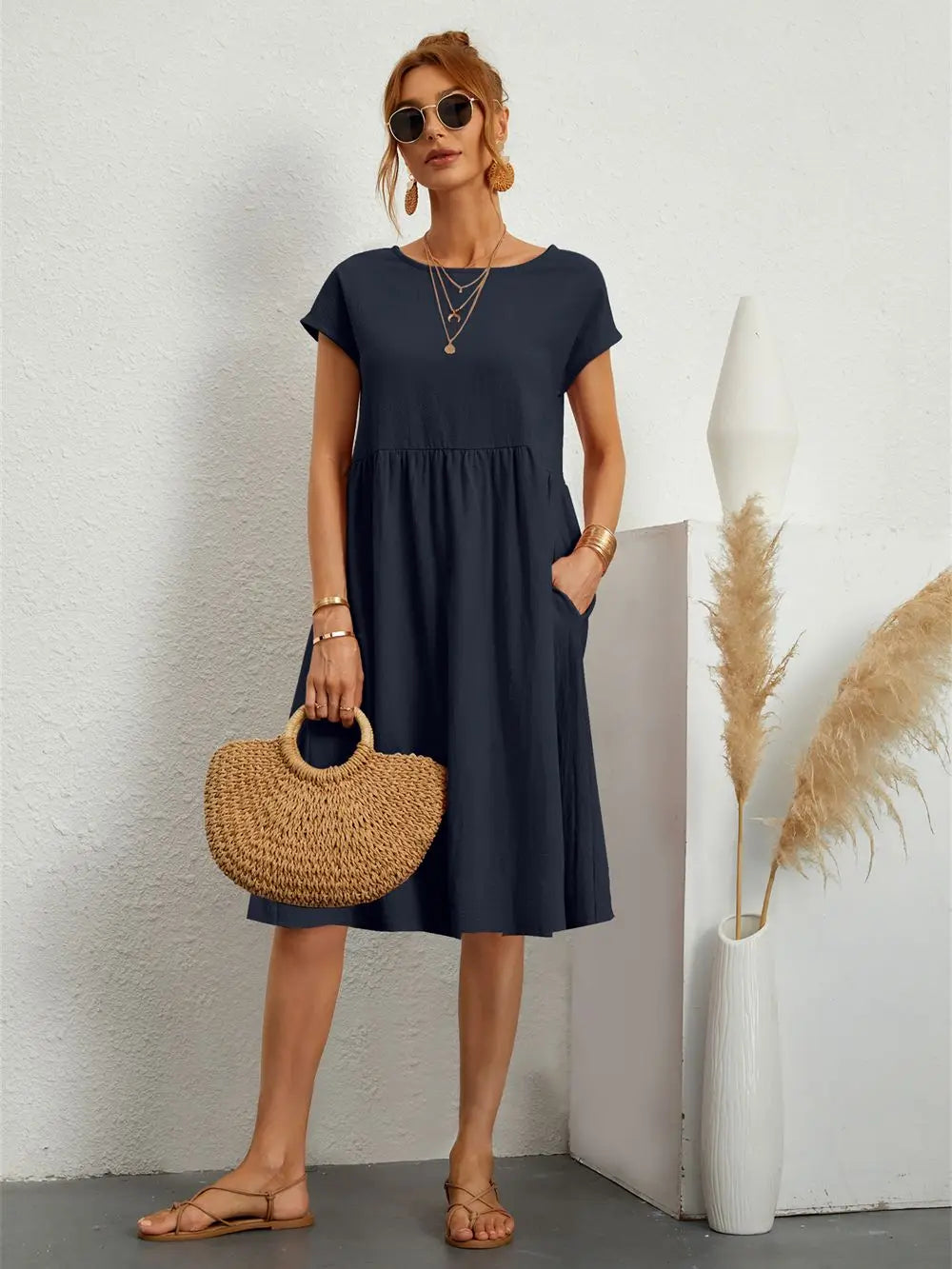 Women's Casual Loose Fit Midi Dress with Pockets