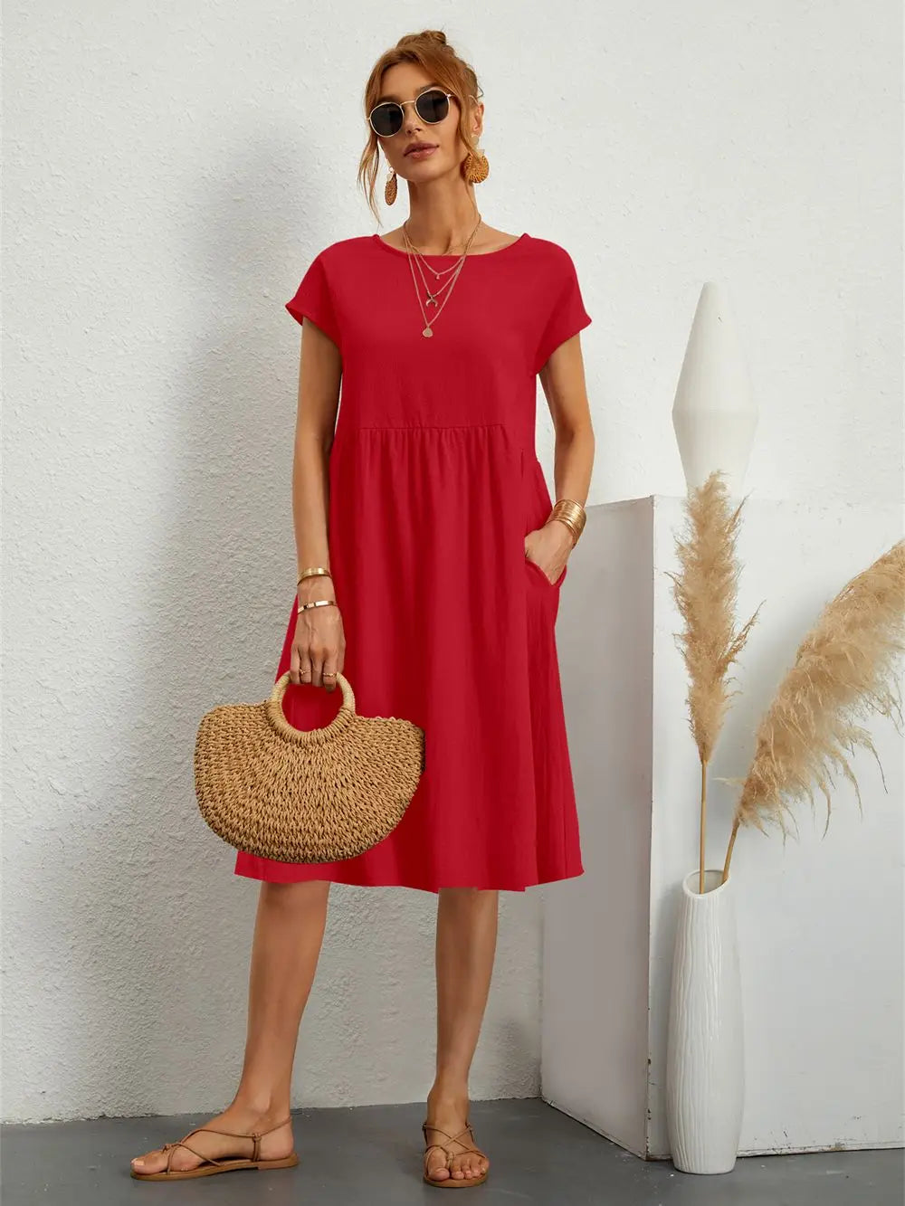 Women's Casual Loose Fit Midi Dress with Pockets