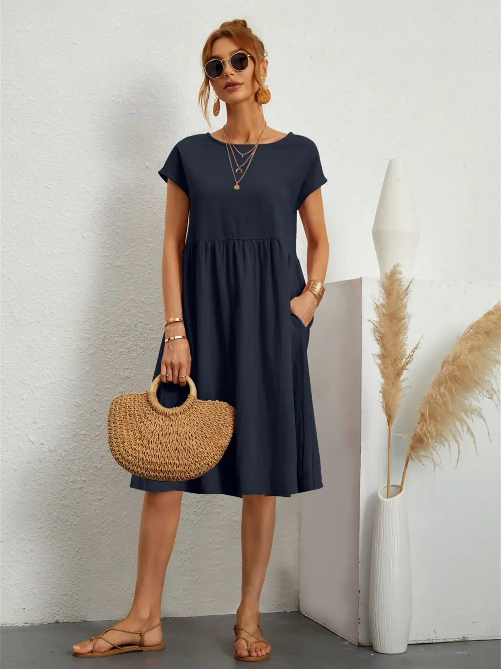 Women's Casual Loose Fit Midi Dress with Pockets