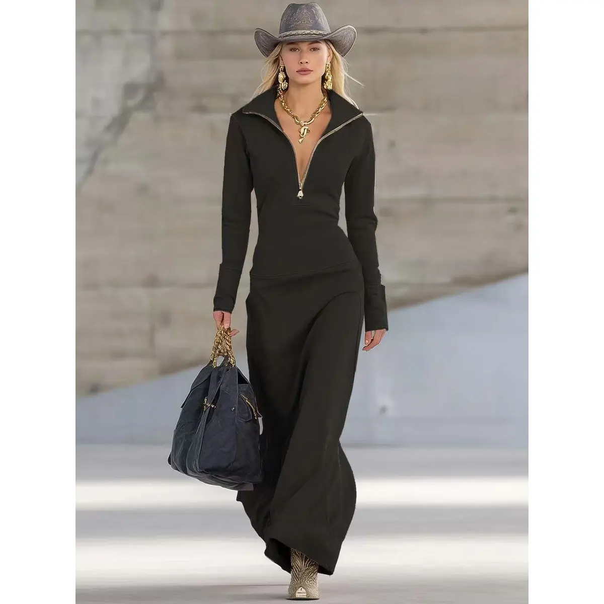 Women's Elegant Half-Zip Maxi Sweater Knit Dress
