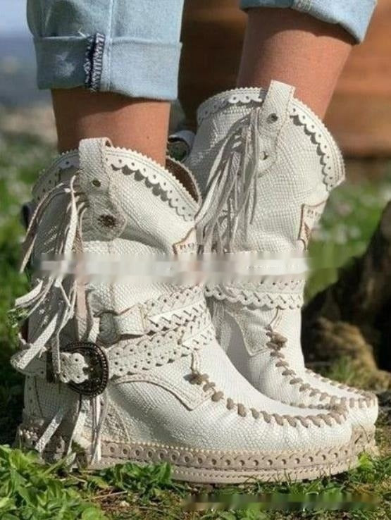 Γυναικεία Δερμάτινα Μποτάκια Boho Western με Κρόσσια