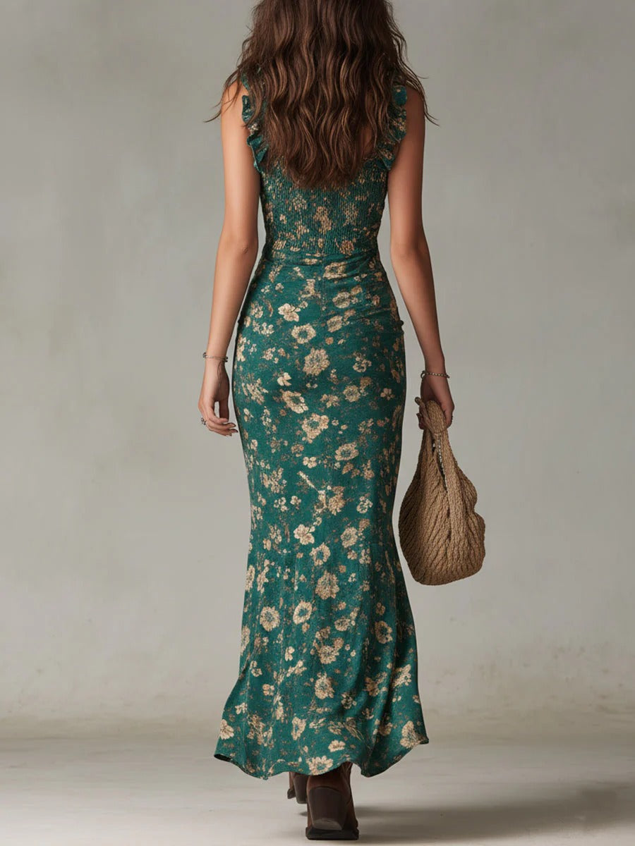 Robe maxi bohème rétro pour femme avec fente latérale