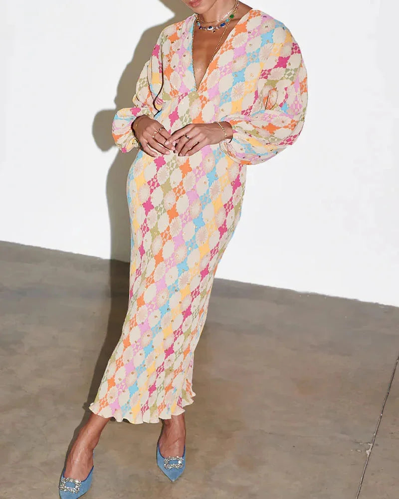 Isamar – Robe kaftan portefeuille géométrique pastel