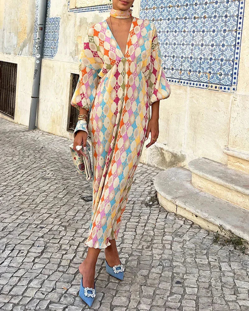 Isamar – Robe kaftan portefeuille géométrique pastel