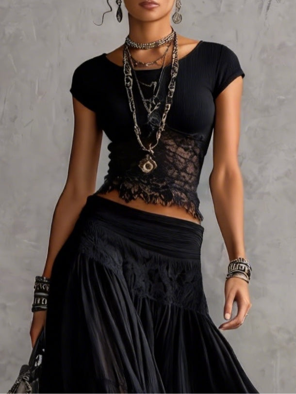 Ensemble maxi deux pièces pour femme en mousseline noire avec dentelle