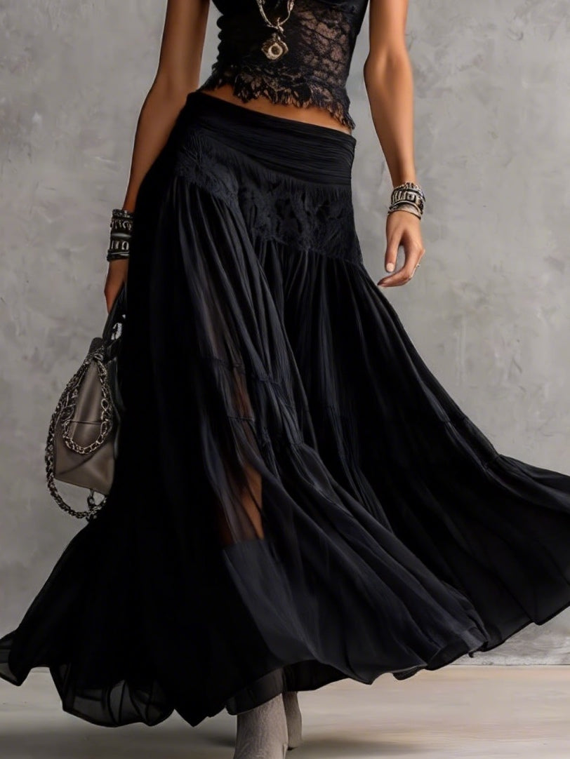 Ensemble maxi deux pièces pour femme en mousseline noire avec dentelle