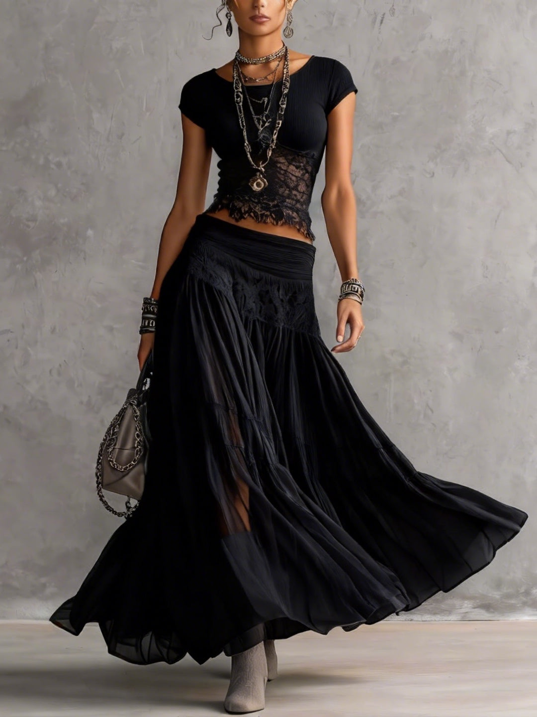 Ensemble maxi deux pièces pour femme en mousseline noire avec dentelle