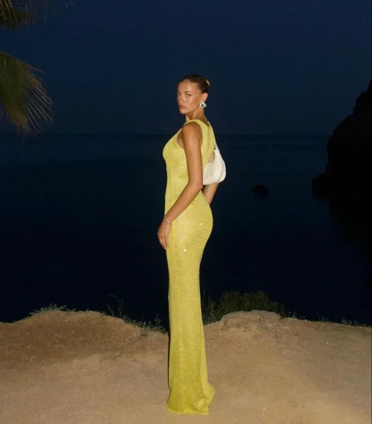 Women’s Sleeveless Glitter Bodycon Maxi Dress with Scoop Neckline