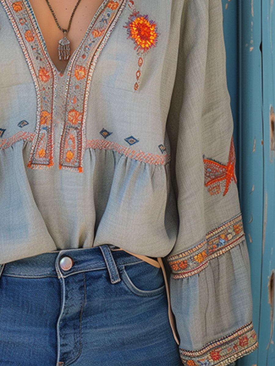 Blouse bohème brodée pour femme à col en V avec manches évasées