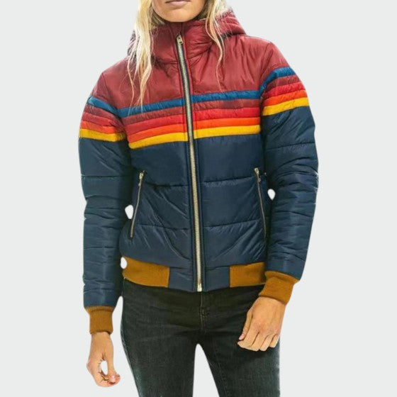 Women's Retro Stripe Hooded Puffer Jacket
