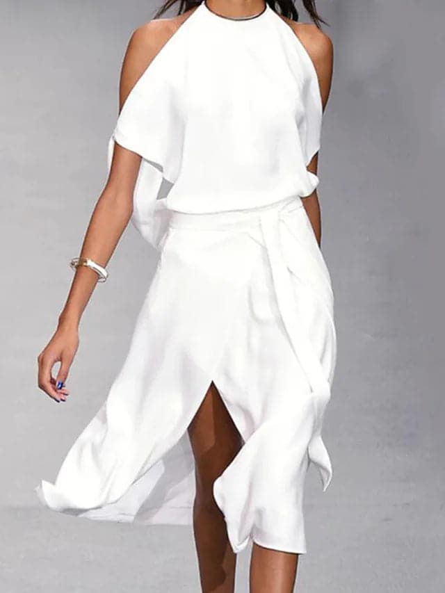 Women's Asymmetrical Draped Short Sleeve Midi Dress