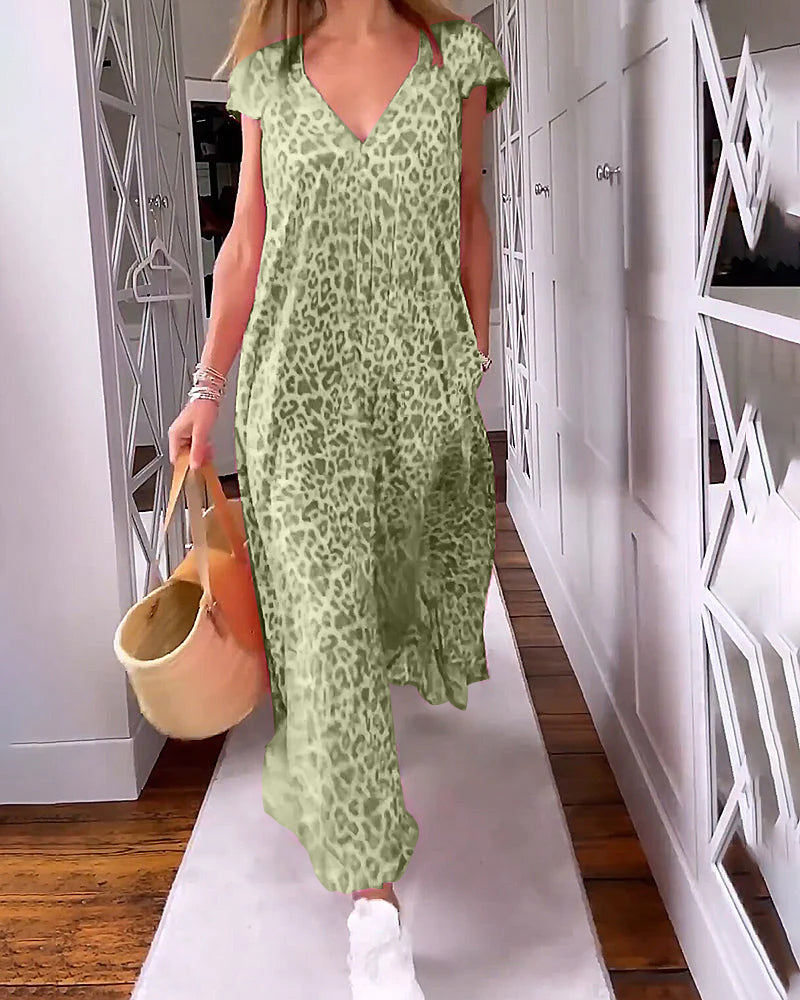 Women's Leopard Print Maxi Dress V-Neck
