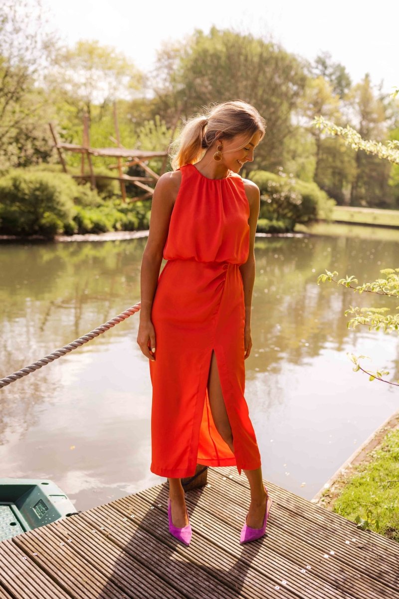 Women's Sleeveless Midi Dress with High Neck