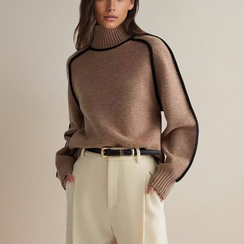 Maglione a collo alto da donna con rifiniture a contrasto