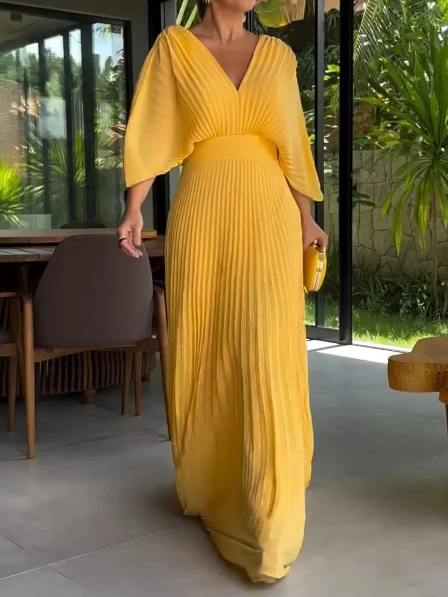 Lovella – Robe kaftan maxi plissée à col en V