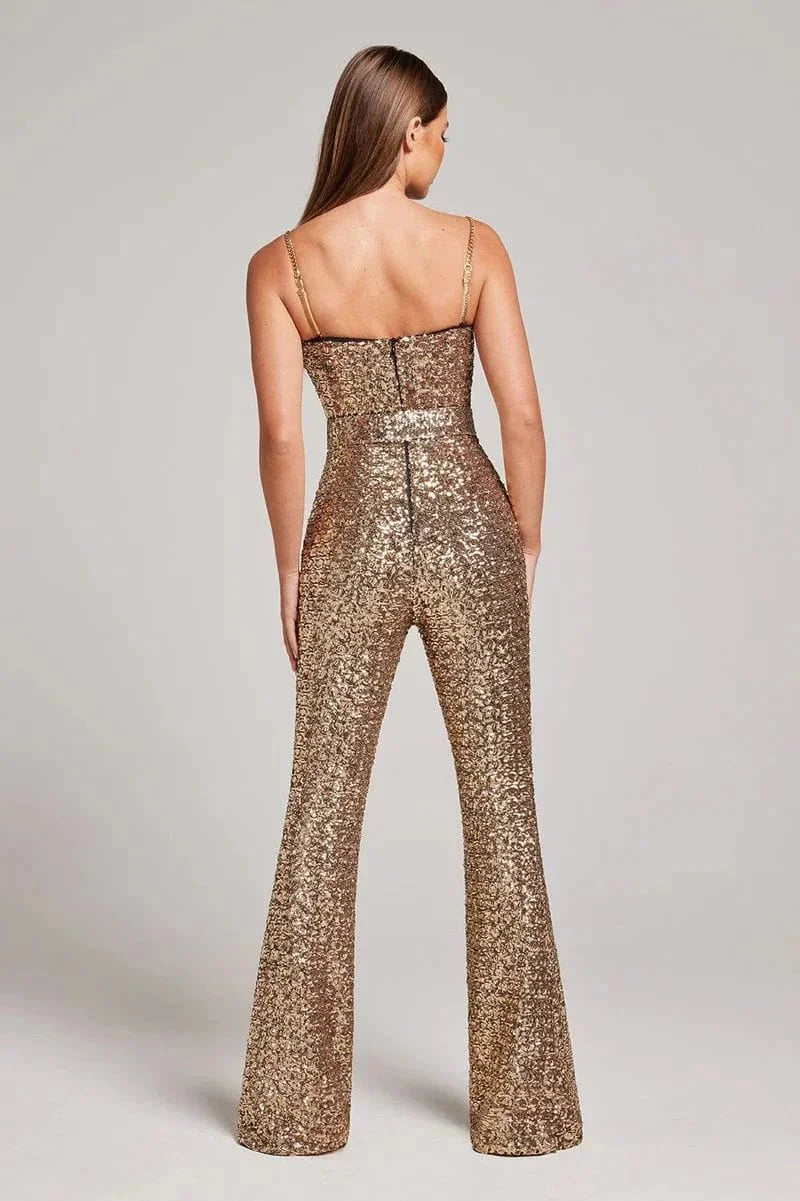 Sparkling Glitter Jumpsuit with Stylish Waist Belt
