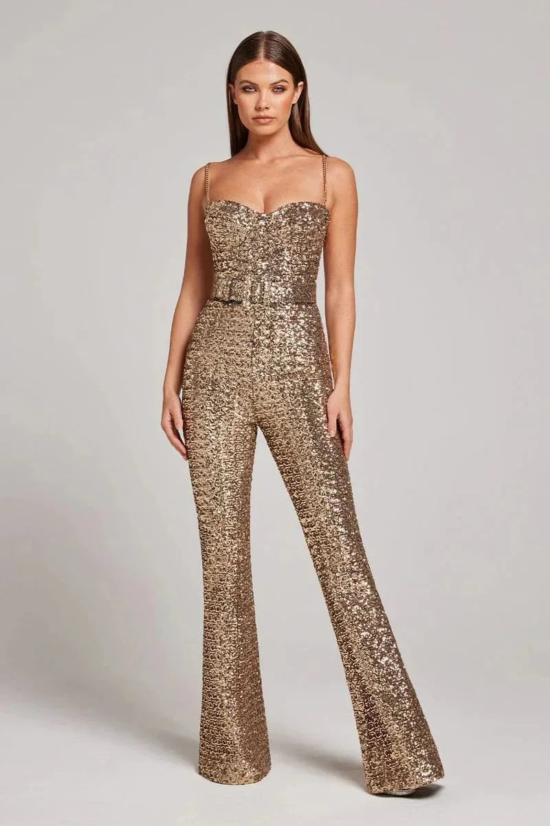 Sparkling Glitter Jumpsuit with Stylish Waist Belt