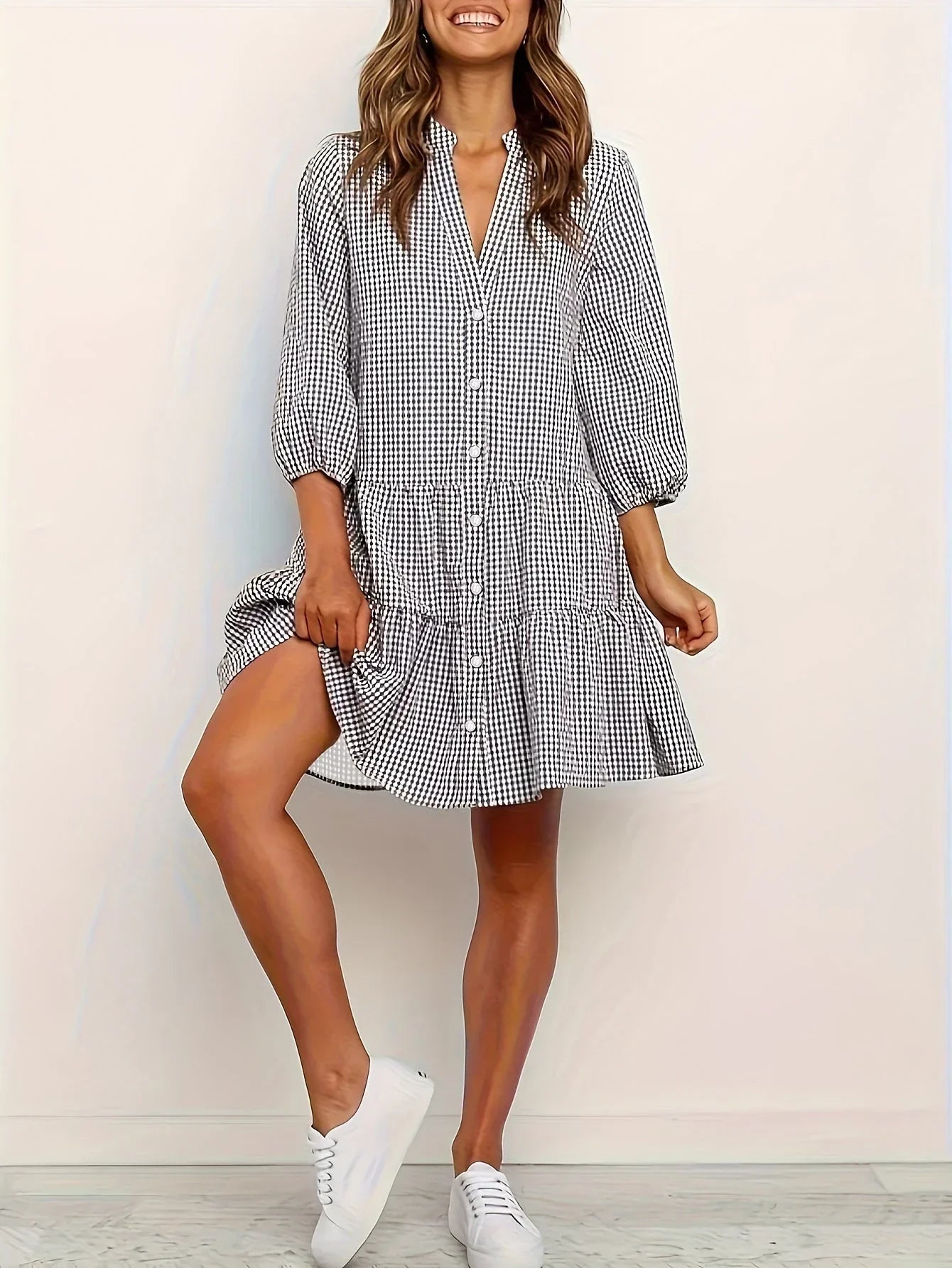 Robe courte vichy à manches 3/4 pour femmes