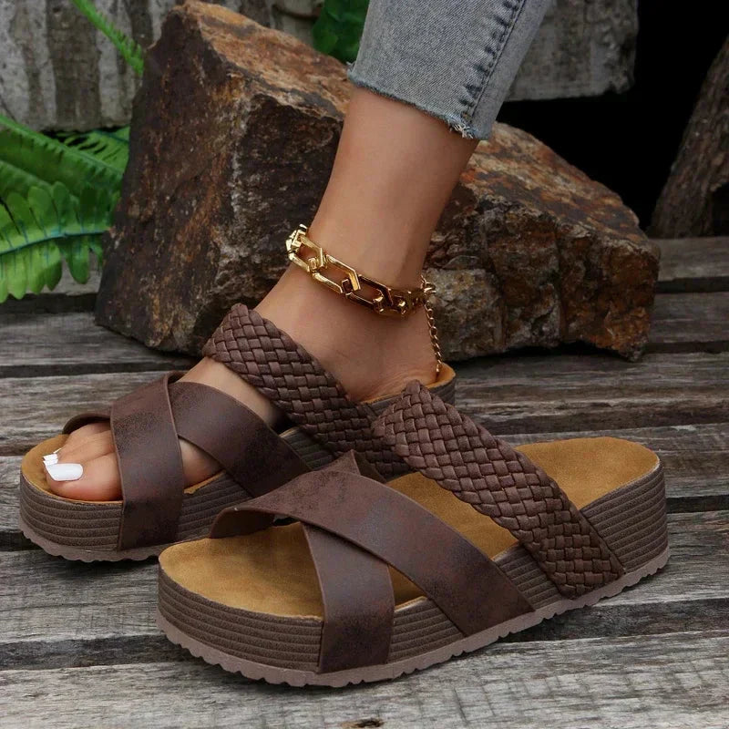 Sandales compensées femme à brides tressées style décontracté confortable