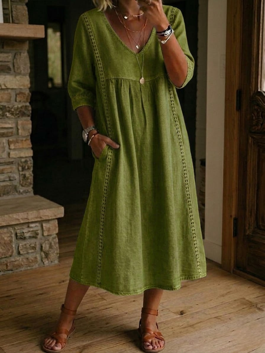 Abito midi da donna con scollo a V rilassato e vita arricciata