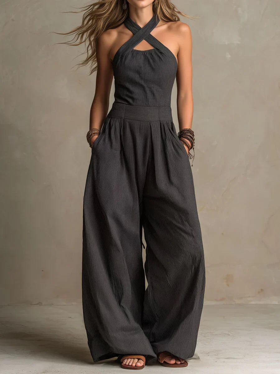 Women’s Sleeveless Halter Neck Wide-Leg Jumpsuit