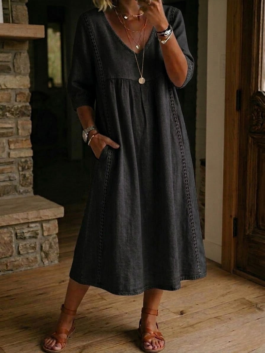 Abito midi da donna con scollo a V rilassato e vita arricciata