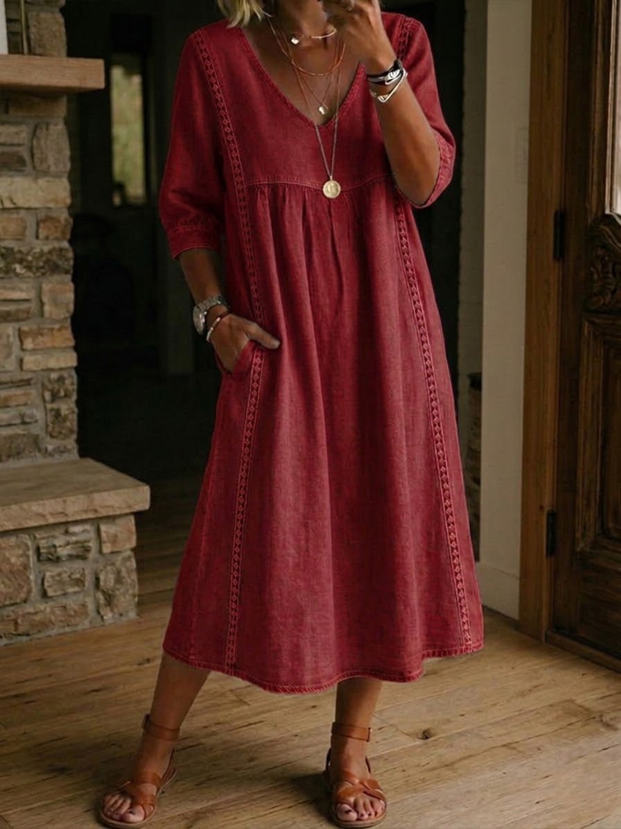 Abito midi da donna con scollo a V rilassato e vita arricciata