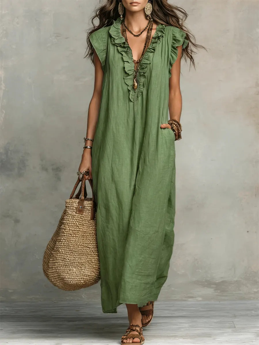 Robe maxi bohème sans manches à col en V avec bordure à volants pour femme