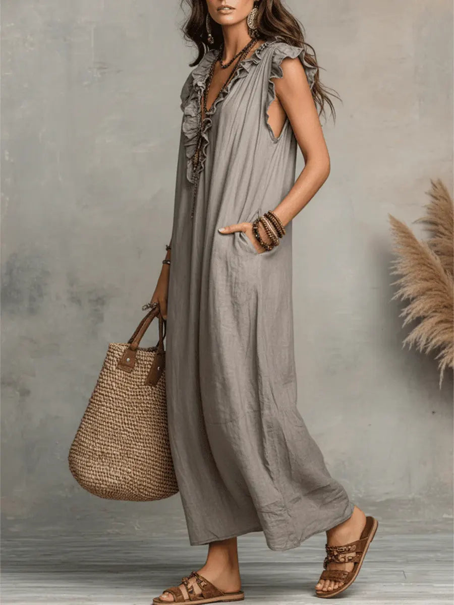Robe maxi bohème sans manches à col en V avec bordure à volants pour femme