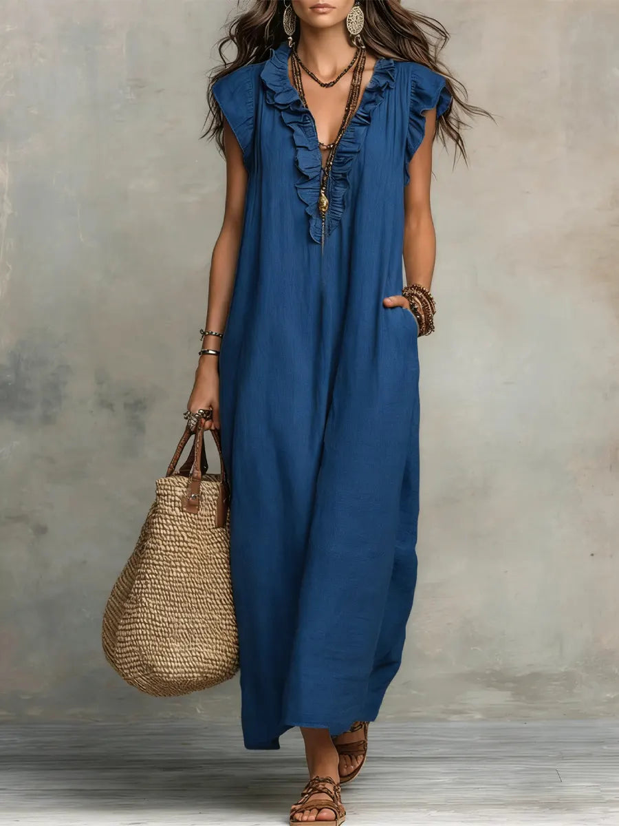 Robe maxi bohème sans manches à col en V avec bordure à volants pour femme