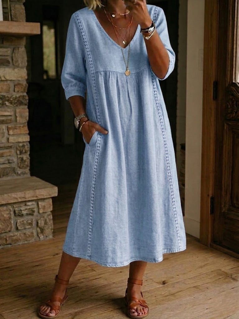 Abito midi da donna con scollo a V rilassato e vita arricciata